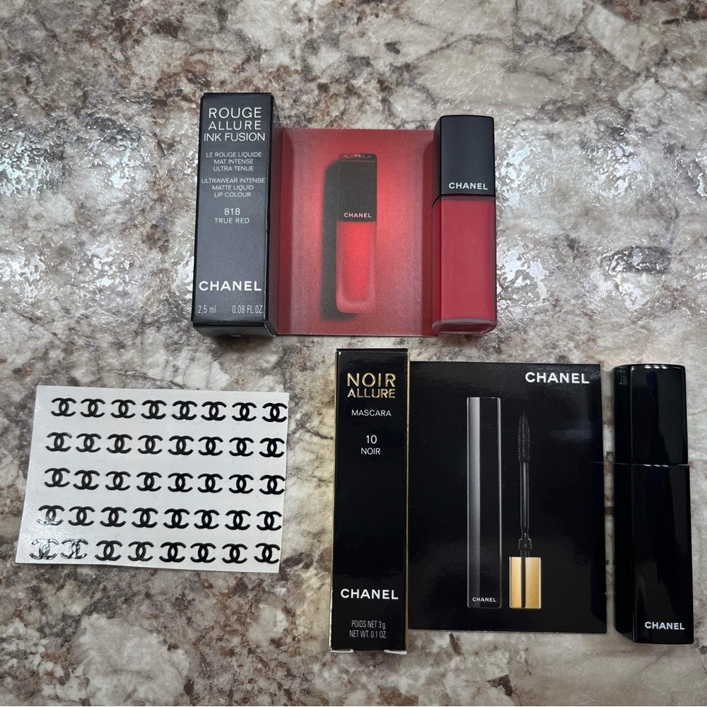 Chanel samples. 818 True Red, Nior 10, and set of CC black nail stickers.